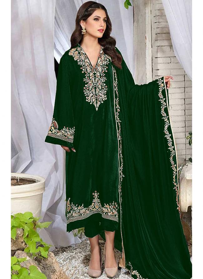 Pure Viscose Velvet Green Eid Wear Embroidery Work Pakistani Suit